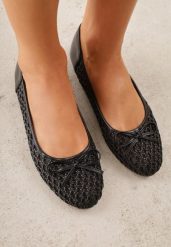 Czarne Siateczkowe Balerinki z Plecioną Cholewką z Kokardką Lilinrelle. Czarne baleriny Born2be, bez wzorów, z jeansu, klasyczne, bez obcasa, bez zapięcia. Za 69.99 zł.