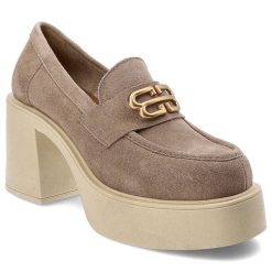 Beżowe Półbuty Armodo Stylowe Obuwie Damskie. Brązowe półbuty wsuwane Armodo, bez wzorów, z materiału, eleganckie, bez obcasa, na obcasie. Za 331.99 zł.