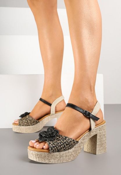Czarne Sandały na Obcasie i Platformie z Plecionką i Aplikacjami 3D Melzedi. Czarne sandały Born2be, z aplikacjami, eleganckie, bez obcasa, na obcasie, bez zapięcia. Za 119.99 zł.