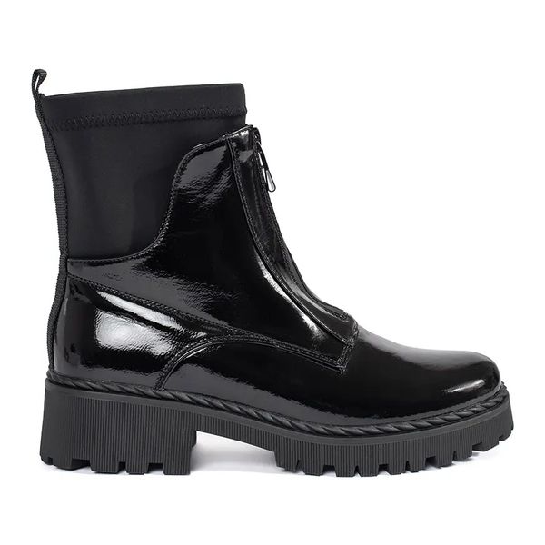 Goodin Lakierowane czarne botki damskie z suwakiem. Czarne botki bez wzorów, z lakierowanej skóry, bez obcasa, bez zapięcia. Za 197.04 zł.