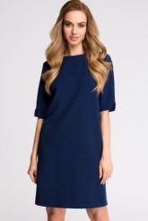 Elegancka sukienka trapezowa midi z dekoltem V z tyłu gładka granatowa. Sukienki Sukienki.shop, do pracy, m, bez wzorów, biznesowe, bez kołnierzyka, bez ramiączek, midi, trapezowe. Za 179.00 zł.