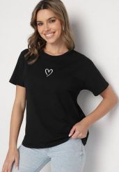 Czarna Bluzka z Bawełny Ozdobiona Sercem Lenala. Czarne bluzki Born2be, m, bez wzorów, z bawełny, klasyczne, bez kołnierzyka, bez ramiączek. Za 49.99 zł.