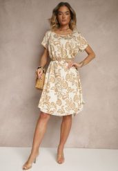 Beżowa Sukienka z Wiskozy z Kwiatowym Wzorem w Ornamentalnym Stylu Tosmina. Brązowe sukienki Renee, na co dzień, l, bez wzorów, z materiału, eleganckie, bez kołnierzyka, bez ramiączek, midi, proste. W wyprzedaży za 55.99 zł.