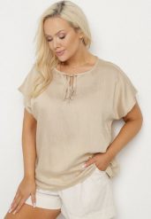 Ciemnobeżowa Bluzka z Wiskozą Wiązana przy Dekolcie Dovarelle. Brązowe bluzki Born2be, plus size, bez wzorów, z jeansu, eleganckie, bez kołnierzyka, plus size, bez ramiączek. Za 69.99 zł.