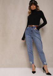 Niebieskie Jeansy Boyfriend z Bawełny z Przetarciami i Paskiem Senistra. Niebieskie jeansy Renee, xs, bez wzorów, z bawełny, eleganckie, długie. W wyprzedaży za 97.99 zł.