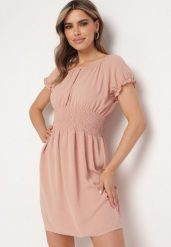 Ciemnoróżowa Rozkloszowana Sukienka Typu Hiszpanka z Gumką w Pasie Tiadella. Czerwone sukienki Born2be, na co dzień, l, bez wzorów, eleganckie, bez kołnierzyka, bez ramiączek, mini, proste. W wyprzedaży za 48.99 zł.