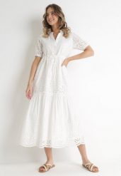 Biała Haftowana Sukienka Maxi ze Ściągaczem w Talii Erlina. Białe sukienki Born2be, l, bez wzorów, z tkaniny, bez kołnierzyka, bez ramiączek, maxi. W wyprzedaży za 161.49 zł.