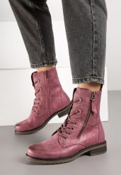 Bordowo-Różowe Botki Workery Zdobione Suwakiem i Wężowym Tłoczeniem Vemindra. Czerwone botki Born2be, z aplikacjami, z jeansu, klasyczne, bez obcasa, na płaskiej podeszwie, bez zapięcia. Za 129.99 zł.