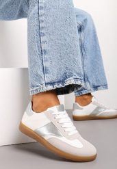 Biało-Srebrne Sneakersy Tenisówki o Klasycznym Fasonie Do Kostki Satrama. Białe trampki Born2be, bez wzorów, z jeansu, eleganckie, bez zapięcia. W wyprzedaży za 72.24 zł.