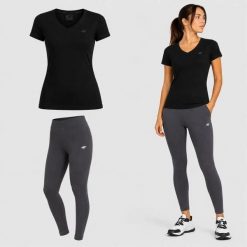 KOMPLET DAMSKI 4F T-SHIRT + LEGGINSY ZESTAW SPORTOWY NA CO DZIEŃ S SS26. Niebieskie legginsy 4f, bez wzorów, z bawełny, sportowe. Za 119.98 zł.