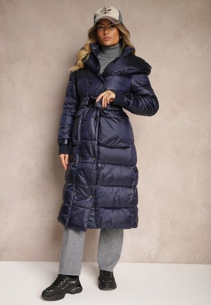 Granatowa Pikowana Kurtka z Kapturem Paskiem z Klamrą i Eleganckim Kołnierzem Vailana. Niebieskie kurtki Renee, l, bez wzorów, z jeansu, eleganckie, z kapturem. Za 269.99 zł.