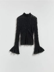 Koronkowa bluzka - czarny. Czarne bluzki Reserved, l, bez wzorów, z dzianiny, bez kołnierzyka, bez ramiączek. Za 99.99 zł.