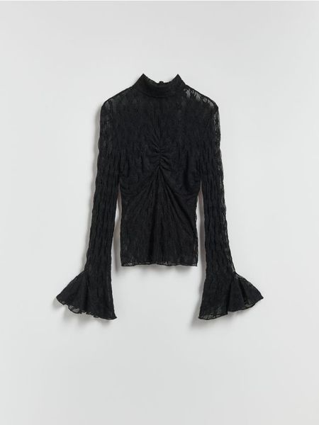 Koronkowa bluzka - czarny. Czarne bluzki Reserved, l, bez wzorów, z dzianiny, bez kołnierzyka, bez ramiączek. Za 99.99 zł.