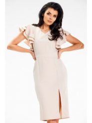 Awama Sukienka w kolorze beżowym rozmiar: L. Brązowe sukienki Awama, l, bez wzorów, bez kołnierzyka, bez ramiączek, midi. Za 122.67 zł.