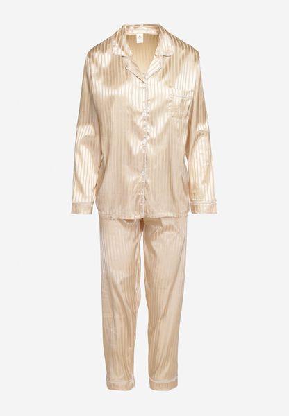 Beżowy Komplet Piżamowy Szerokie Spodnie z Gumką w Pasie Góra na Guziki Rivalias. Brązowe piżamy Born2be, xl, bez wzorów, bez ramiączek. Za 79.99 zł.