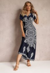 Granatowa Sukienka Maxi w Etniczny Wzór Josanie. Niebieskie sukienki Renee, l, bez wzorów, boho, bez kołnierzyka, bez ramiączek, maxi. W wyprzedaży za 62.99 zł.