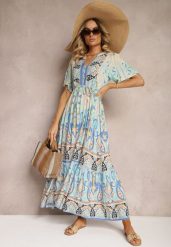 Niebieska Boho Sukienka z Wiskozy z Ozdobnymi Guzikami i Cienkim Paskiem w Talii Dimosia. Niebieskie sukienki Renee, na co dzień, l, bez wzorów, z wiskozy, boho, bez kołnierzyka, bez ramiączek, maxi, proste. W wyprzedaży za 91.99 zł.