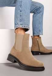 Ciemnobeżowe Klasyczne Botki w Stylu Sztybletów z Imitacji Zamszu Kaivina. Brązowe botki Renee, bez wzorów, z jeansu, eleganckie, bez obcasa, na płaskiej podeszwie, bez zapięcia. Za 124.99 zł.