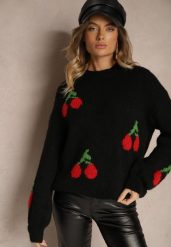 Czarny Prosty Sweter z Domieszką Wełny Ozdobiony Wiśniową Aplikacją Balrinna. Czarne swetry Renee, z aplikacjami, z jeansu, casualowe, bez ramiączek. W wyprzedaży za 111.99 zł.