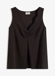 Top z głębokim dekoltem. Czarne topy bonprix, bez wzorów, eleganckie, bez kołnierzyka, bez ramiączek. Za 54.99 zł.