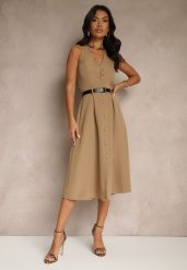 Ciemnobeżowa Rozkloszowana Sukienka z Guzikami Folunira. Brązowe sukienki Renee, m, bez wzorów, eleganckie, bez kołnierzyka, bez ramiączek, midi, rozkloszowane. W wyprzedaży za 107.99 zł.