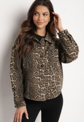 Brązowa Kurtka Jeansowa o Koszulowym Kroju w Panterkowy Print Cesina. Brązowe kurtki Born2be, m, bez wzorów, z jeansu, eleganckie, bez kaptura. W wyprzedaży za 111.99 zł.