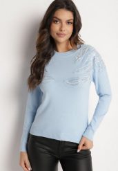 Jasnoniebieski Sweter z Bawełną Ozdobiony Cekinami Leanelwen. Niebieskie swetry Born2be, l, z aplikacjami, z bawełny, eleganckie, bez ramiączek. W wyprzedaży za 84.99 zł.