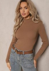 Brązowy Prążkowany Sweter z Półgolfem Kikisha. Brązowe swetry Renee, s, bez wzorów, prążkowane, eleganckie, bez ramiączek. W wyprzedaży za 63.99 zł.