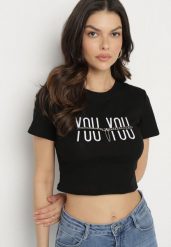 Czarny Bawełniany T-shirt z Napisem i Łańcuchem Olimelia. Czarne t-shirty Born2be, m, bez wzorów, z bawełny, bez kołnierzyka, bez ramiączek. Za 59.99 zł.