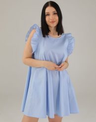 Niebieska sukienka z bawełny. Niebieskie sukienki Unisono, l, bez wzorów, z bawełny, bez kołnierzyka, bez ramiączek, mini, rozkloszowane. Za 139.00 zł.