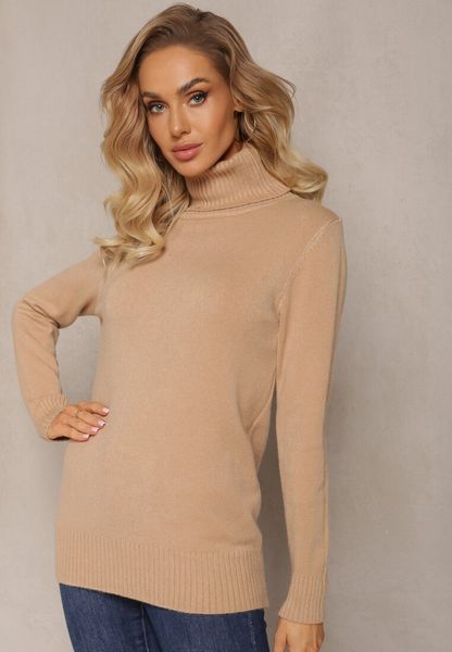 Ciemnobeżowy Golf z Prążkowanymi Krawędziami Bilfo. Brązowe swetry Renee, na jesień, bez wzorów, prążkowane, klasyczne, bez ramiączek. Za 54.99 zł.