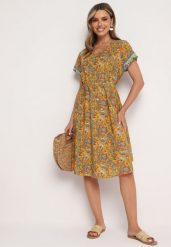 Żółta Wiskozowa Sukienka Rozkloszowana we Wzór Paisley Mastis. Żółte sukienki Born2be, na imprezę, uniwersalny, bez wzorów, z wiskozy, eleganckie, bez kołnierzyka, bez ramiączek, midi, rozkloszowane. Za 99.99 zł.