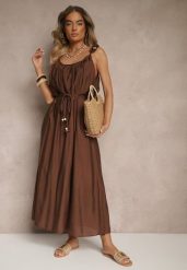Brązowa Wiskozowa Sukienka Boho na Wiązanych Ramiączkach z Paskiem z Plecionki Miratera. Brązowe sukienki Renee, na co dzień, m, bez wzorów, z materiału, boho, bez kołnierzyka, bez ramiączek, maxi. Za 149.99 zł.
