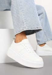 Białe Sneakersy Kultowe Tenisówki na Platformie z Koturnem Elisara. Białe trampki Born2be, bez wzorów, z jeansu, klasyczne, bez zapięcia. W wyprzedaży za 67.99 zł.