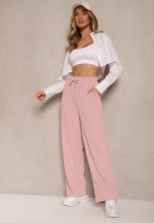 Różowe Spodnie o Szerokim Kroju High Waist Ozdobione Sznurkiem Deyrisse. Czerwone jeansy Renee, l, z aplikacjami, z gumy, biznesowe, z podwyższonym stanem. W wyprzedaży za 47.99 zł.