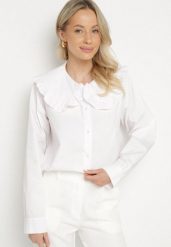Biała Koszula z Bawełny Ozdobiona Kołnierzykiem Fulinea. Białe koszule Born2be, bez wzorów, z bawełny, biznesowe, bez kołnierzyka, bez ramiączek. W wyprzedaży za 84.99 zł.