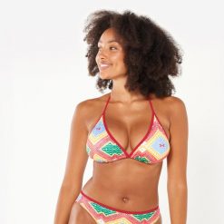 Góra kostiumu kąpielowego surfingowego damska Olaian Mae Sangria. Zielone bikini OLAIAN, bez wzorów, z elastanu, eleganckie. Za 39.99 zł.
