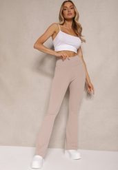 Beżowe Prążkowane Spodnie Typu Dzwony High Waist Farinia. Brązowe jeansy Renee, bez wzorów, z jeansu, z podwyższonym stanem. W wyprzedaży za 39.99 zł.