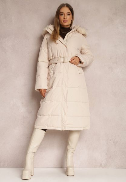 Ciemnobeżowa Kurtka Długa z Paskiem i Kapturem Pikowana Nilme. Brązowe kurtki Renee, xl, bez wzorów, z tkaniny, z kapturem. Za 249.99 zł.