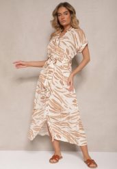 Jasnobeżowa Bawełniana Sukienka w Zebrę o Koszulowym Kroju z Wiązanym Paskiem Florloti. Brązowe sukienki Renee, na co dzień, l, bez wzorów, z bawełny, eleganckie, bez kołnierzyka, bez ramiączek, maxi, koszulowe. W wyprzedaży za 99.99 zł.