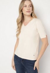 Beżowa Sweterkowa Bluzka z Dekoltem w Serek Fenidea. Brązowe bluzki Born2be, l, bez wzorów, z jeansu, eleganckie, bez kołnierzyka, bez ramiączek. Za 49.99 zł.