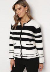 Biały Kardigan z Wiskozy na Guziki w Stylu Retro w Paski Alarnora. Białe swetry Born2be, bez wzorów, z wiskozy, eleganckie, bez ramiączek. W wyprzedaży za 84.99 zł.