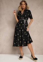 Czarna Koszulowa Sukienka z Wiskozy o Rozkloszowanym Kroju z Wiązaniem Liselithra. Czarne sukienki Renee, na co dzień, l, bez wzorów, z wiskozy, eleganckie, bez kołnierzyka, bez ramiączek, midi, koszulowe. Za 149.99 zł.