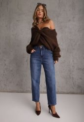 Niebieskie Jeansy Mom Fit z Bawełną przed Kostkę Carmenrose. Niebieskie jeansy Renee, l, bez wzorów, z bawełny, eleganckie. Za 129.99 zł.