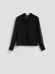 Jedwabna koszula z wiązaniem - ciemnoszary. Szare koszule Reserved, l, bez wzorów, z jedwabiu, bez kołnierzyka, bez ramiączek. Za 359.99 zł.