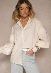 Jasnobeżowa Koszula z Bawełną i Szerokimi Rękawami Edioniela. Brązowe koszule Renee, m, bez wzorów, z bawełny, eleganckie, bez kołnierzyka, bez ramiączek. W wyprzedaży za 75.99 zł.