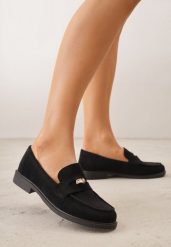 Czarne Mokasyny VICES z Wkładką ze Skóry Naturalnej i Metaliczną Aplikacją Nanora. Czarne mokasyny Born2be, z aplikacjami, z materiału, z okrągłym noskiem. Za 89.99 zł.