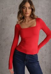 Czerwona Bluzka z Elastycznego Materiału o Kwadratowym Dekolcie z Wiskozą Nemosa. Czerwone bluzki Renee, l, bez wzorów, z jeansu, bez kołnierzyka, bez ramiączek. Za 79.99 zł.