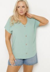Jasnozielona Bluzka Ozdobiona Guziczkami z Przodu Mepiana. Zielone bluzki Born2be, xl, bez wzorów, z jeansu, eleganckie, bez kołnierzyka, bez ramiączek. Za 69.99 zł.
