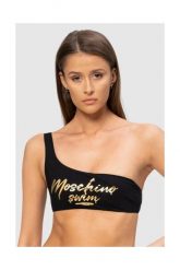 MOSCHINO Asymetryczna góra od bikini ze złotym logo. Czarne bikini MOSCHINO, bez wzorów. W wyprzedaży za 249.99 zł.